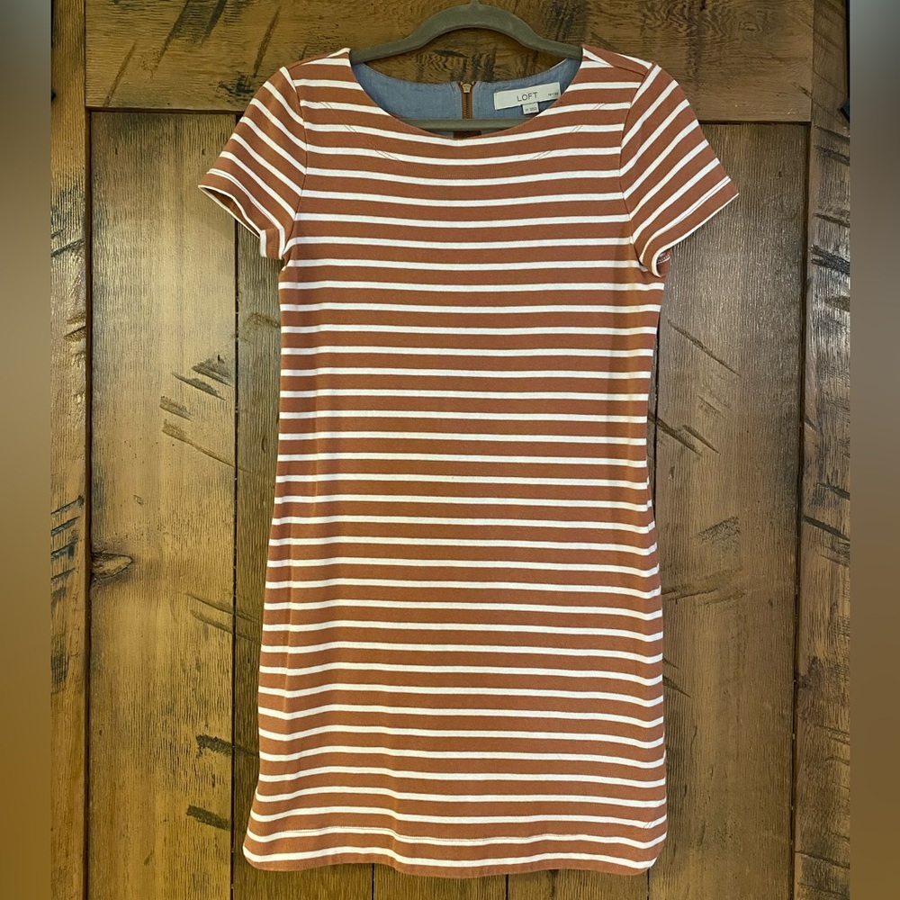Loft Nautical Striped Cotton Dress Terracota Orange and white